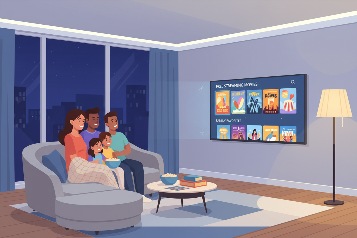 An image of a modern living room at night, a large flat-screen TV displays a colorful menu of free streaming movies, a family is laughing together on a couch, warm lighting. An image of a modern living room at night, a large flat-screen TV displays a colorful menu of free streaming movies, a family is laughing together on a couch, warm lighting.
