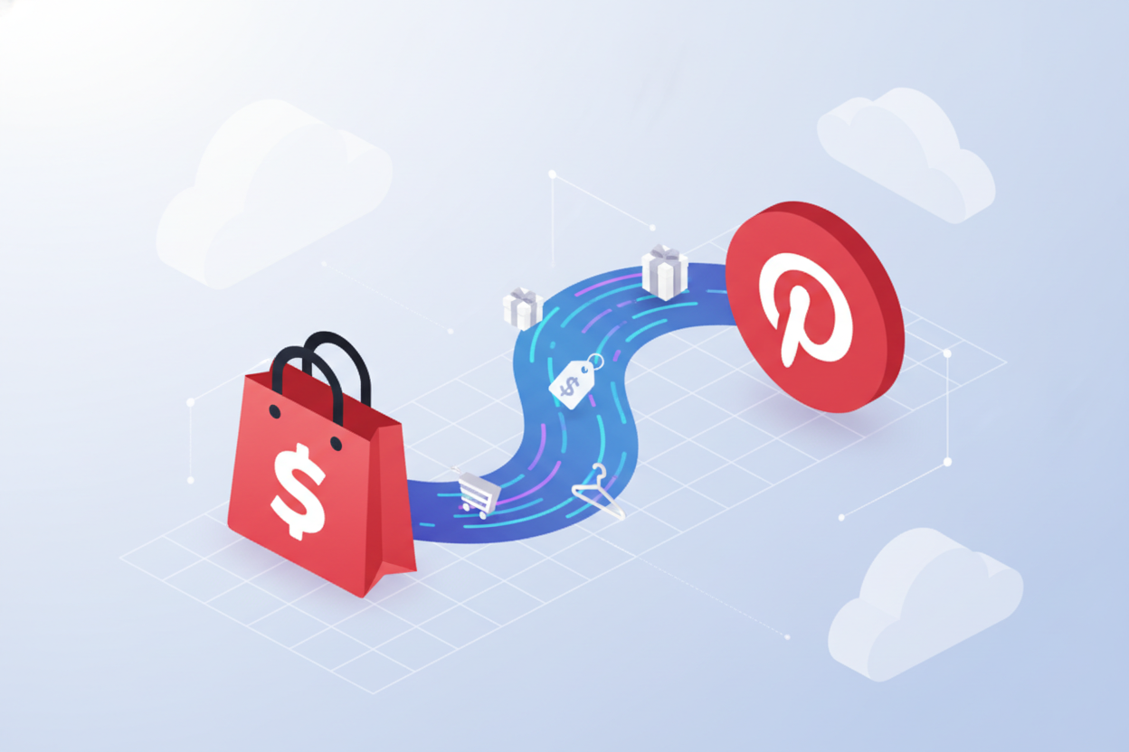 An isometric graphic showing a Shopify logo and a Pinterest logo connected by a pulsing data line, with product icons moving between them. An isometric graphic showing a Shopify logo and a Pinterest logo connected by a pulsing data line, with product icons moving between them.