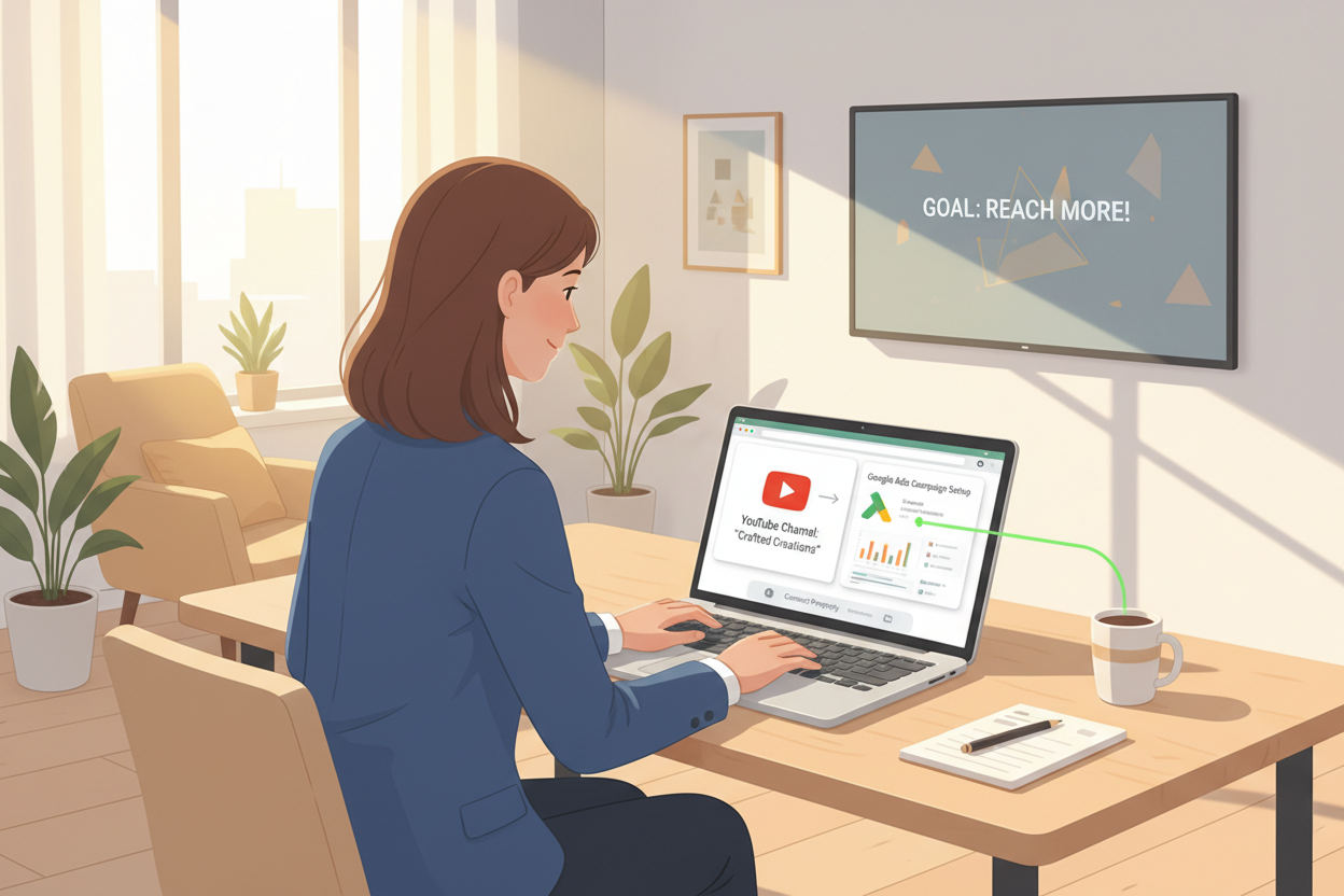 An over-the-shoulder shot of a small business owner using a laptop to link a YouTube channel to a Google Ads dashboard, with a warm, sunny home office background and a smart TV in the distance. An over-the-shoulder shot of a small business owner using a laptop to link a YouTube channel to a Google Ads dashboard, with a warm, sunny home office background and a smart TV in the distance.