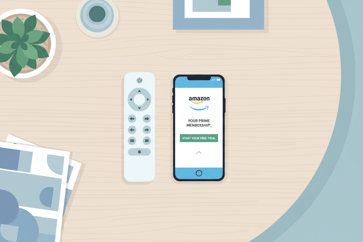 An overhead view of a smartphone and a remote control on a coffee table, the smartphone screen showing an Amazon Prime membership confirmation, bright and clean commercial photography style. An overhead view of a smartphone and a remote control on a coffee table, the smartphone screen showing an Amazon Prime membership confirmation, bright and clean commercial photography style.