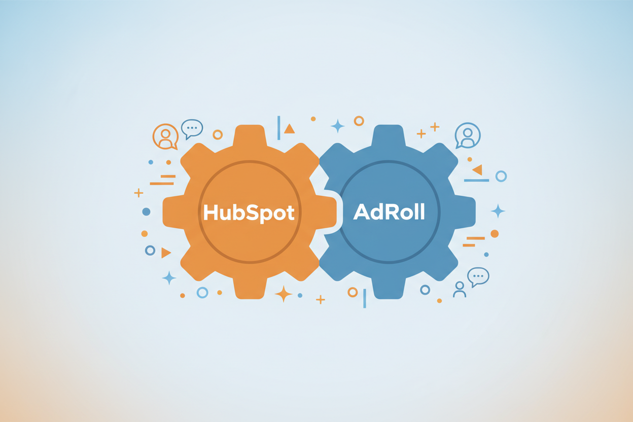 Two gears interlocking, one labeled HubSpot and the other AdRoll, surrounded by digital sparkles and customer profile icons, flat design illustration. Two gears interlocking, one labeled HubSpot and the other AdRoll, surrounded by digital sparkles and customer profile icons, flat design illustration.