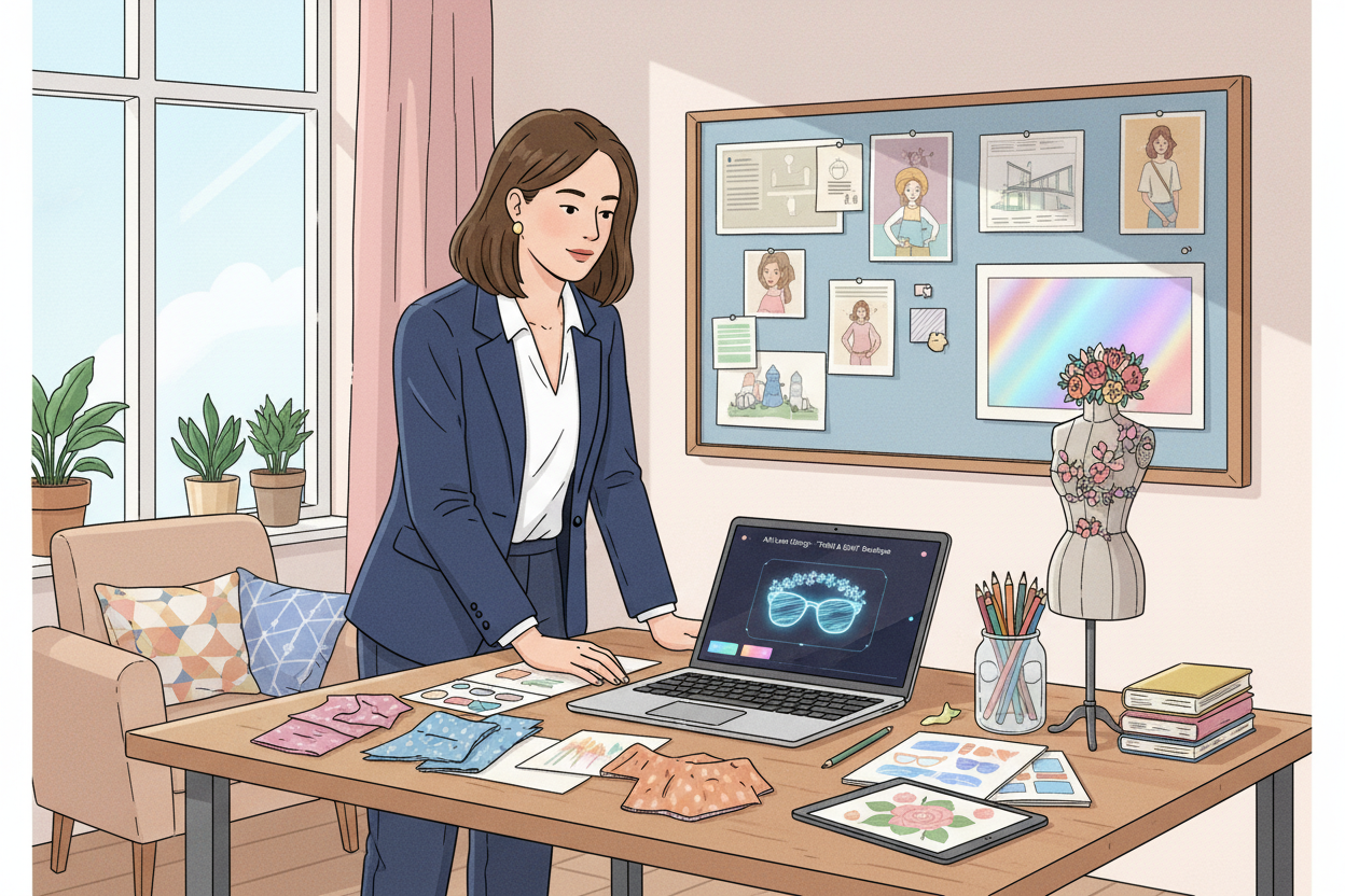 A bright, professional photo of a small business owner using a laptop to design a custom augmented reality lens for a boutique shop. A bright, professional photo of a small business owner using a laptop to design a custom augmented reality lens for a boutique shop.