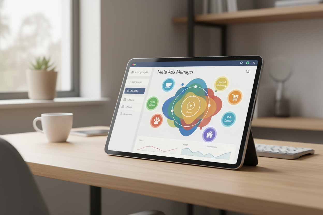 A high-quality 3D render of the Meta Ads Manager dashboard on a sleek tablet, showing detailed demographic layers and colorful audience interest icons for a small business campaign.