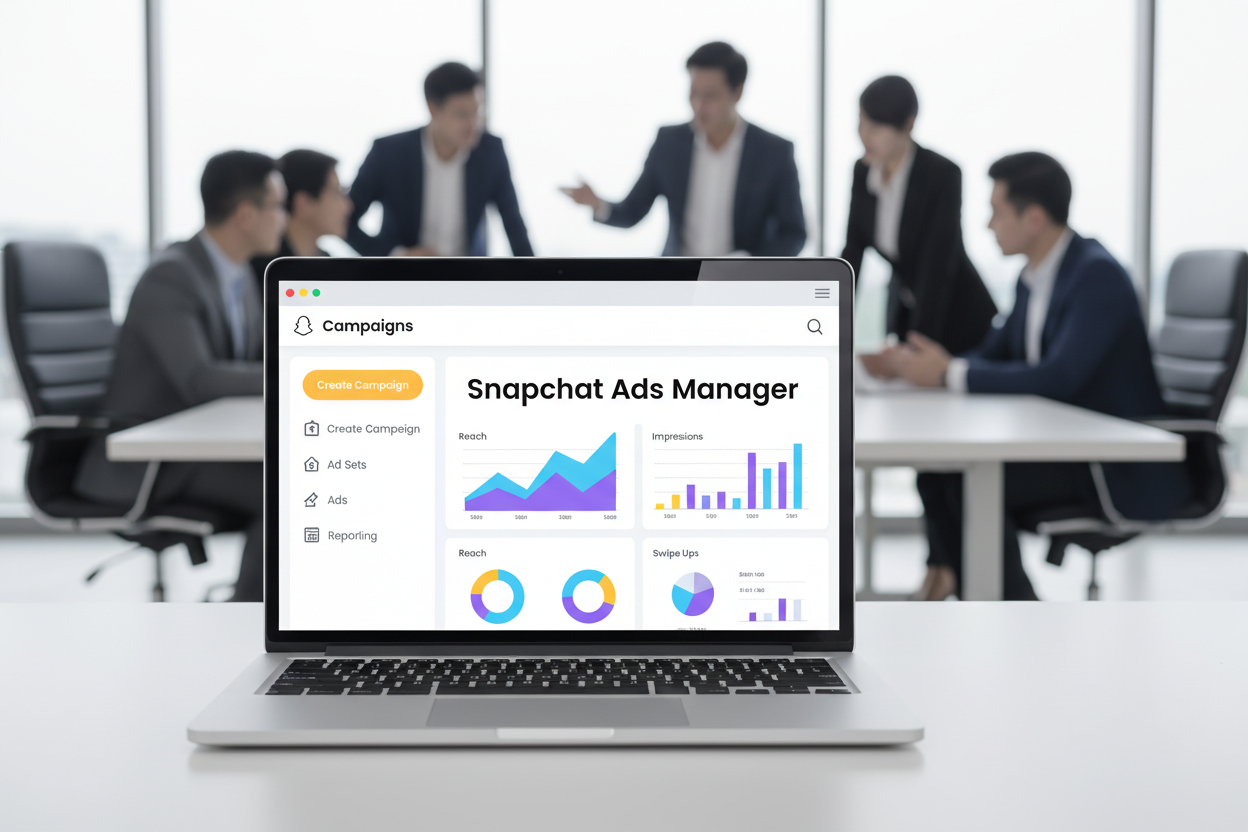 A high-quality, close-up shot of a modern laptop screen displaying the Snapchat Ads Manager dashboard, featuring a clean interface with "Create Campaign" buttons, vibrant interface colors, and professional office lighting in the background. A high-quality, close-up shot of a modern laptop screen displaying the Snapchat Ads Manager dashboard, featuring a clean interface with "Create Campaign" buttons, vibrant interface colors, and professional office lighting in the background.