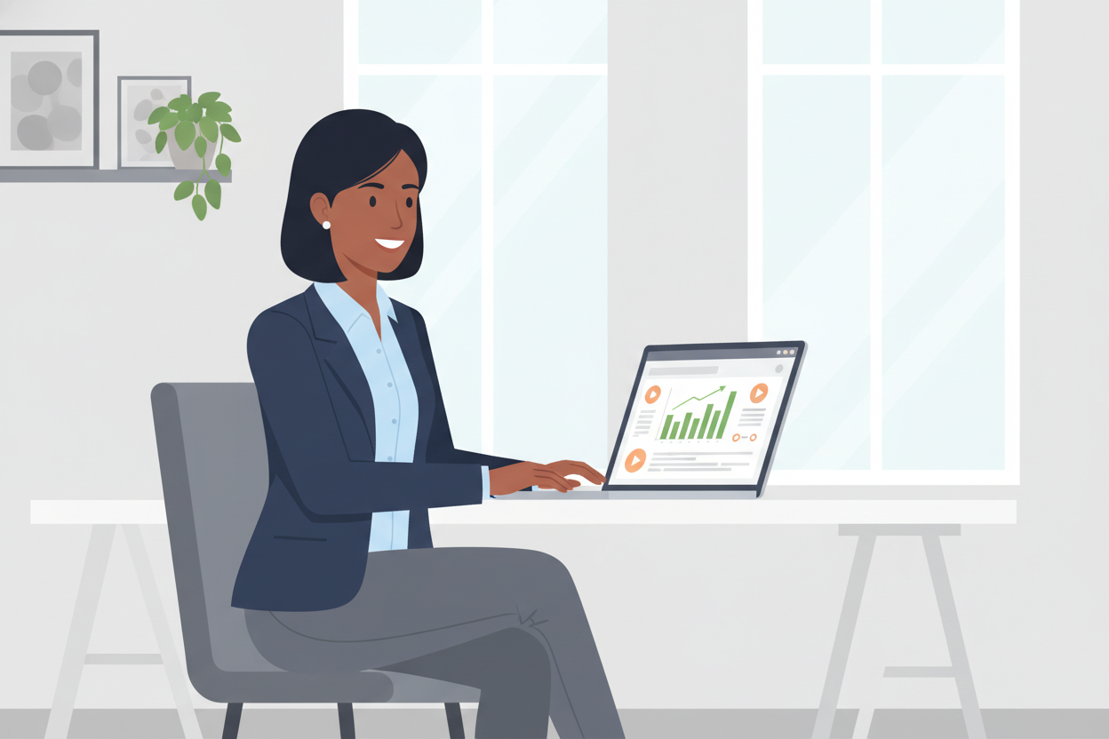 A high-quality photo of a small business owner sitting at a modern desk, smiling while looking at a laptop screen that shows a digital marketing dashboard with video play icons and rising bar charts, soft natural office lighting, professional and optimistic atmosphere. A high-quality photo of a small business owner sitting at a modern desk, smiling while looking at a laptop screen that shows a digital marketing dashboard with video play icons and rising bar charts, soft natural office lighting, professional and optimistic atmosphere.