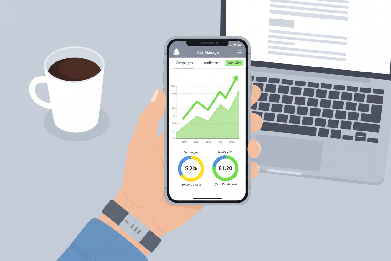 A high-quality photo of a small business owner's hand holding a modern smartphone, displaying the Snapchat Ads Manager analytics screen with bright green upward-trending line graphs and clear conversion data charts. A high-quality photo of a small business owner's hand holding a modern smartphone, displaying the Snapchat Ads Manager analytics screen with bright green upward-trending line graphs and clear conversion data charts.