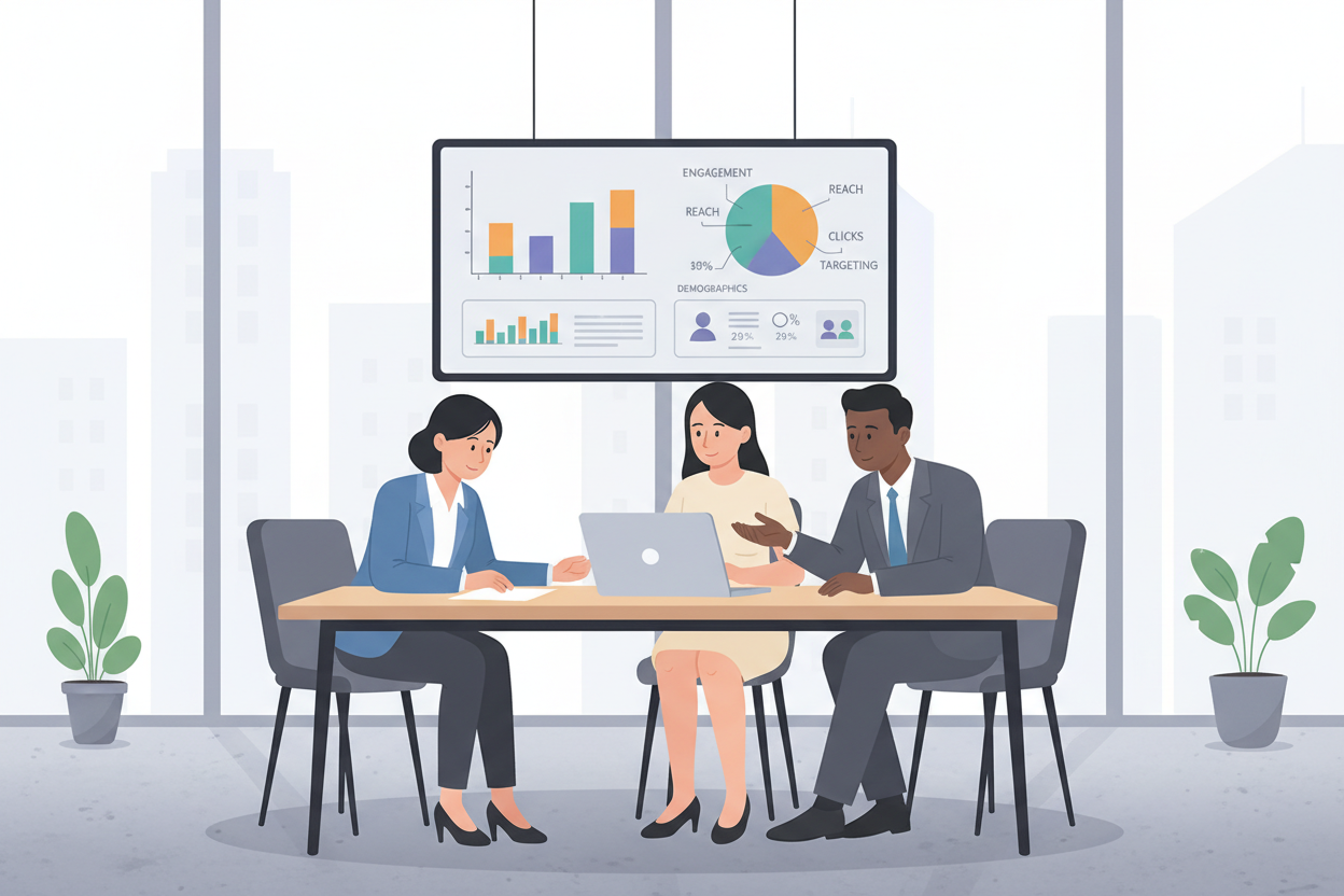 A modern office environment with a sleek, minimalistic design. In the foreground, a diverse group of three professionals, two women and one man, are gathered around a large table, analyzing graphs and charts displayed on a laptop with focused expressions. They are dressed in business attire, conveying professionalism. In the middle ground, a large, digital screen shows colorful analytics and social media performance metrics, along with trending keywords and demographic breakdowns. The background features large windows with natural light pouring in, creating a bright and inviting atmosphere. The overall mood is collaborative and focused, reflecting the seriousness of measuring social media ad targeting success. Soft color palette enhances clarity without distraction. No text or logos are present.