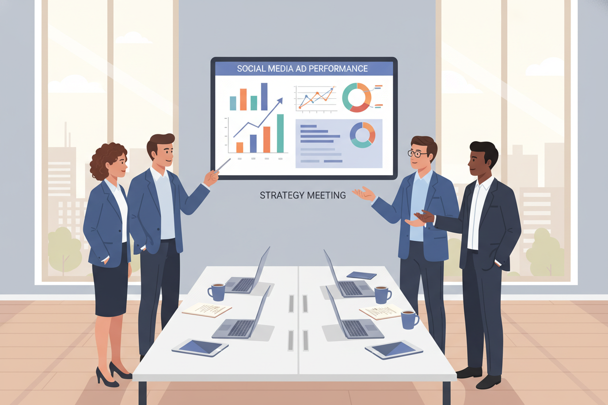 A modern office workspace with a large digital screen displaying colorful graphs and charts representing social media advertising performance. In the foreground, a diverse group of professionals in smart business attire are engaged in discussion, pointing at the data on the screen. The middle ground features a sleek work desk with laptops and notes scattered about, emphasizing a collaborative environment. In the background, large windows allow soft, natural light to flood the room, creating a warm and inviting atmosphere. The overall mood is focused and energized, conveying a sense of teamwork and strategy. The color palette is soft and professional, ensuring the visual story is clear and uncluttered. A modern office workspace with a large digital screen displaying colorful graphs and charts representing social media advertising performance. In the foreground, a diverse group of professionals in smart business attire are engaged in discussion, pointing at the data on the screen. The middle ground features a sleek work desk with laptops and notes scattered about, emphasizing a collaborative environment. In the background, large windows allow soft, natural light to flood the room, creating a warm and inviting atmosphere. The overall mood is focused and energized, conveying a sense of teamwork and strategy. The color palette is soft and professional, ensuring the visual story is clear and uncluttered.