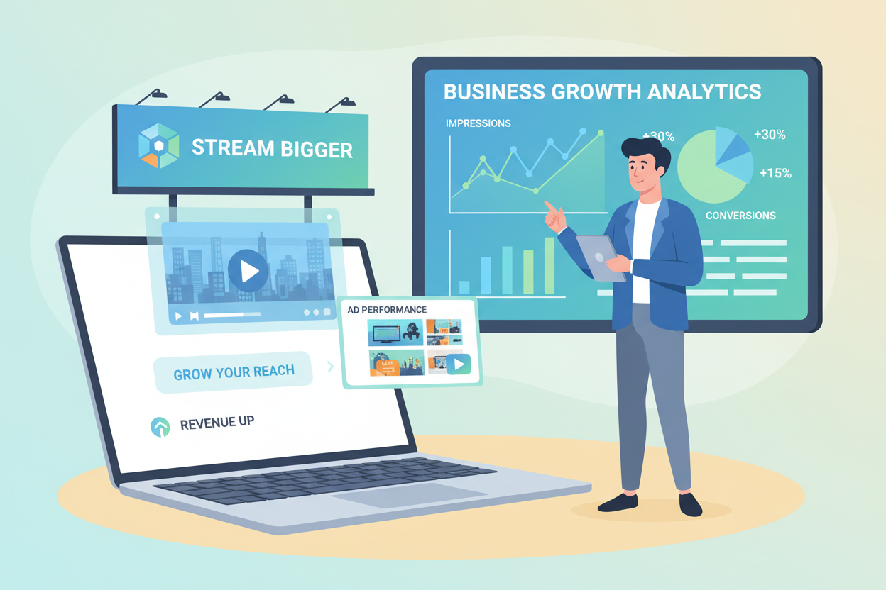 A modern, visually appealing workspace showcasing various streaming video ad formats for business growth. In the foreground, a sleek laptop displays dynamic digital ads on its screen, featuring vibrant visuals and diverse formats such as billboard, overlay, and commercial. The middle section includes a stylish, professional individual in business attire, analyzing ad performance on a tablet. The background features a large monitor displaying graphs and statistics related to ad effectiveness, with soft lighting creating a warm and inviting atmosphere. The color palette consists of soft blues and greens, promoting a sense of growth and innovation. The scene conveys a productive and optimistic mood, emphasizing the benefits of streaming video advertising. A modern, visually appealing workspace showcasing various streaming video ad formats for business growth. In the foreground, a sleek laptop displays dynamic digital ads on its screen, featuring vibrant visuals and diverse formats such as billboard, overlay, and commercial. The middle section includes a stylish, professional individual in business attire, analyzing ad performance on a tablet. The background features a large monitor displaying graphs and statistics related to ad effectiveness, with soft lighting creating a warm and inviting atmosphere. The color palette consists of soft blues and greens, promoting a sense of growth and innovation. The scene conveys a productive and optimistic mood, emphasizing the benefits of streaming video advertising.