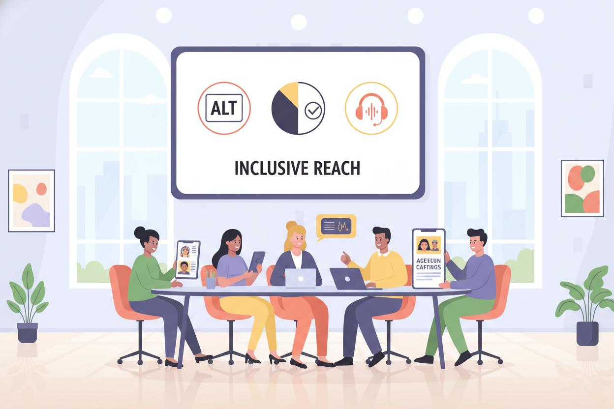 A modern workspace showcasing social media accessibility for inclusive marketing. In the foreground, a diverse group of professionals in business attire sits around a sleek conference table, engaged in a discussion with accessible digital devices like screen readers and smartphones, displaying inclusive marketing content. In the middle ground, a large, soft-lit screen features graphical representations of accessibility icons, such as alt text and color contrast, emphasizing user-friendly design. The background shows a bright, airy office space with large windows allowing natural light to flood in, enhancing the atmosphere of collaboration and innovation. The overall mood is positive and inviting, reflecting a commitment to inclusivity in marketing. Focus on soft colors and clear subject emphasis, creating an inspiring scene without any clutter. A modern workspace showcasing social media accessibility for inclusive marketing. In the foreground, a diverse group of professionals in business attire sits around a sleek conference table, engaged in a discussion with accessible digital devices like screen readers and smartphones, displaying inclusive marketing content. In the middle ground, a large, soft-lit screen features graphical representations of accessibility icons, such as alt text and color contrast, emphasizing user-friendly design. The background shows a bright, airy office space with large windows allowing natural light to flood in, enhancing the atmosphere of collaboration and innovation. The overall mood is positive and inviting, reflecting a commitment to inclusivity in marketing. Focus on soft colors and clear subject emphasis, creating an inspiring scene without any clutter.