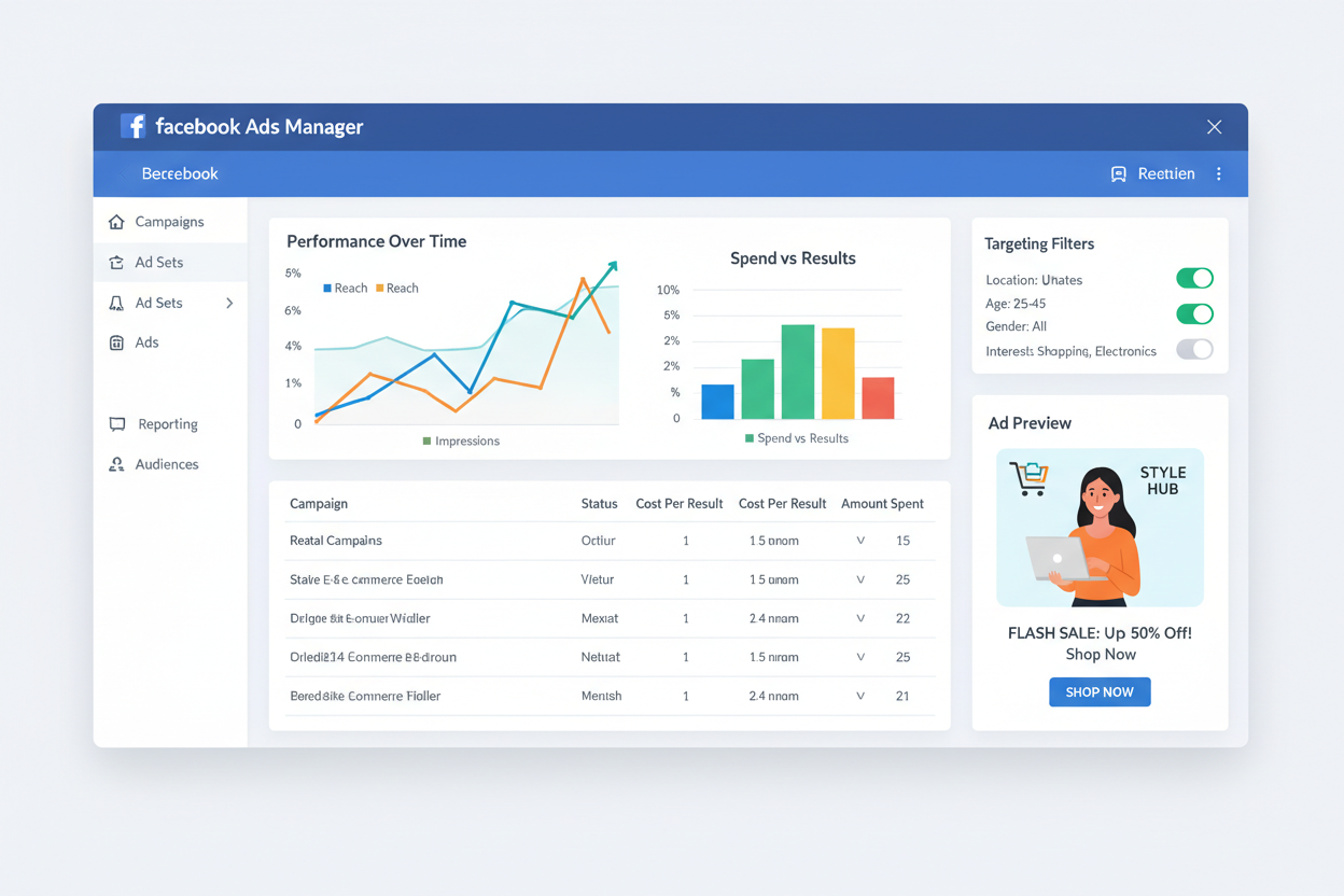 A professional dashboard showing the Facebook Ads Manager interface with colorful performance graphs, targeting filters, and a preview of a modern e-commerce ad campaign. A professional dashboard showing the Facebook Ads Manager interface with colorful performance graphs, targeting filters, and a preview of a modern e-commerce ad campaign.