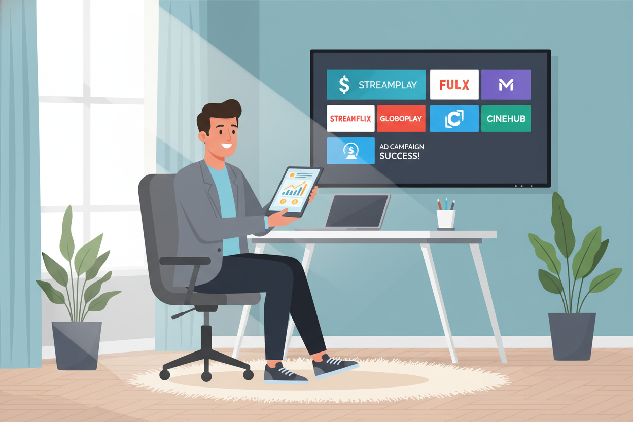 A professional home office where a small business owner looks excitedly at a tablet displaying a successful ad campaign dashboard, with a modern smart TV in the background showing streaming app logos, soft natural lighting, high-quality photography style. A professional home office where a small business owner looks excitedly at a tablet displaying a successful ad campaign dashboard, with a modern smart TV in the background showing streaming app logos, soft natural lighting, high-quality photography style.