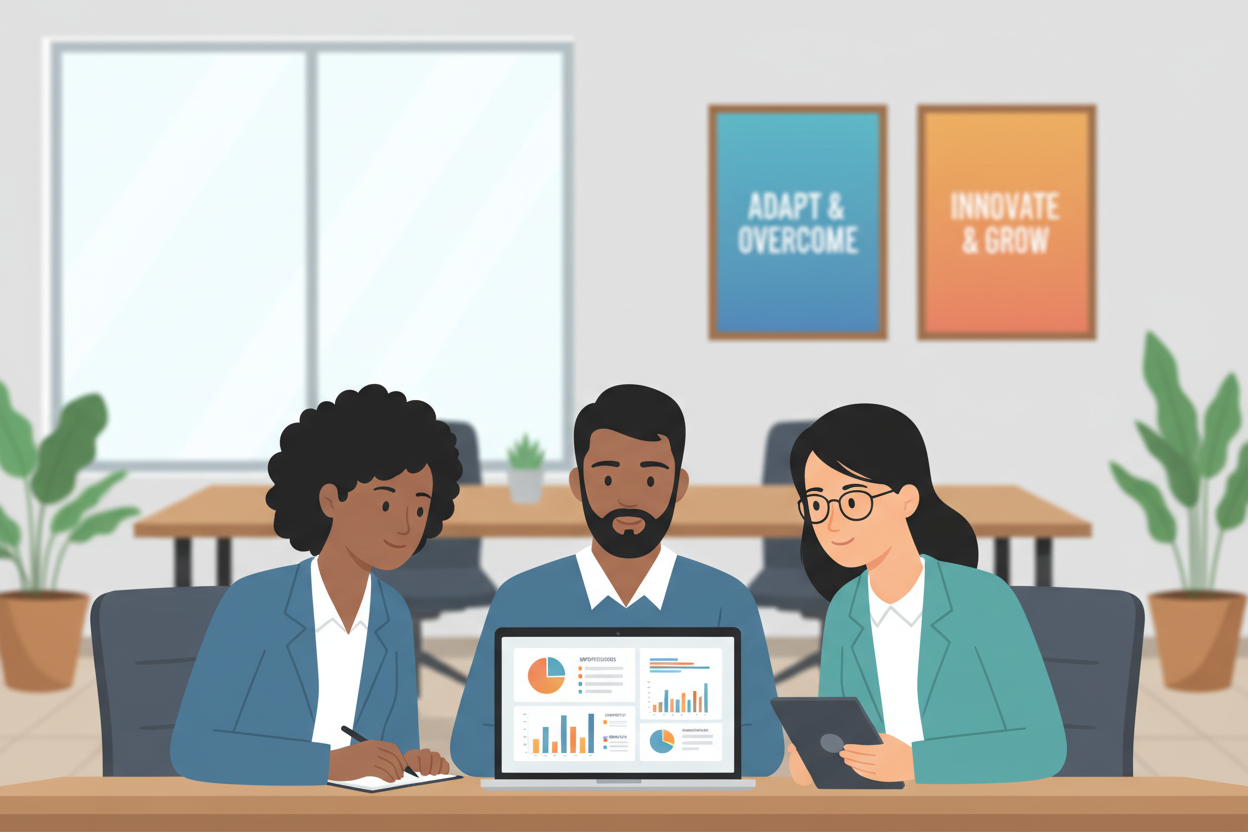 A scene illustrating small business owners engaged in programmatic OTT advertising. In the foreground, a diverse group of three professionals in smart casual attire are gathered around a laptop, analyzing performance metrics on a screen that shows colorful analytics charts. The middle ground features a bright, modern office space with plants, an inviting conference table, and a large window allowing soft, natural light to fill the room. In the background, motivational posters about effective advertising strategies are subtly visible. The atmosphere is focused and collaborative, exuding a sense of opportunity and innovation, with a slight bokeh effect to keep the emphasis on the foreground interaction. Shot with a 50mm lens for a crisp, clear image. A scene illustrating small business owners engaged in programmatic OTT advertising. In the foreground, a diverse group of three professionals in smart casual attire are gathered around a laptop, analyzing performance metrics on a screen that shows colorful analytics charts. The middle ground features a bright, modern office space with plants, an inviting conference table, and a large window allowing soft, natural light to fill the room. In the background, motivational posters about effective advertising strategies are subtly visible. The atmosphere is focused and collaborative, exuding a sense of opportunity and innovation, with a slight bokeh effect to keep the emphasis on the foreground interaction. Shot with a 50mm lens for a crisp, clear image.
