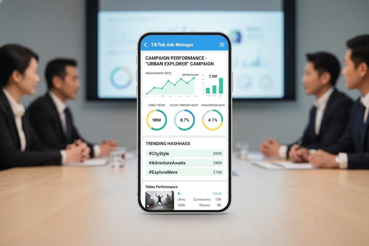 A vibrant vertical smartphone display showing the TikTok Ads Manager interface with engagement graphs, hashtag trends, and video performance metrics for a viral brand ad.