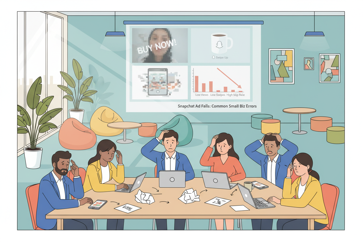 A visually engaging scene illustrating common Snapchat advertising mistakes made by small businesses. In the foreground, a diverse group of business professionals in smart casual attire are gathered around a table cluttered with smartphones and marketing materials, looking confused and frustrated. In the middle, a large projection screen displays ineffective ad visuals with low engagement metrics and poorly designed layouts. The background features a trendy office space with comfortable seating and plants to evoke a modern, creative atmosphere. Soft, natural lighting filters through large windows, creating a warm and inviting environment. The overall mood conveys a sense of learning from mistakes and striving for improvement in advertising strategies. A visually engaging scene illustrating common Snapchat advertising mistakes made by small businesses. In the foreground, a diverse group of business professionals in smart casual attire are gathered around a table cluttered with smartphones and marketing materials, looking confused and frustrated. In the middle, a large projection screen displays ineffective ad visuals with low engagement metrics and poorly designed layouts. The background features a trendy office space with comfortable seating and plants to evoke a modern, creative atmosphere. Soft, natural lighting filters through large windows, creating a warm and inviting environment. The overall mood conveys a sense of learning from mistakes and striving for improvement in advertising strategies.