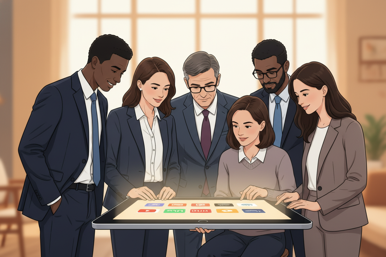 An atmospheric image of a diverse group of small business owners looking at a digital tablet displaying various streaming app icons like Hulu, YouTube, and Netflix, soft warm lighting, professional photography style. An atmospheric image of a diverse group of small business owners looking at a digital tablet displaying various streaming app icons like Hulu, YouTube, and Netflix, soft warm lighting, professional photography style.