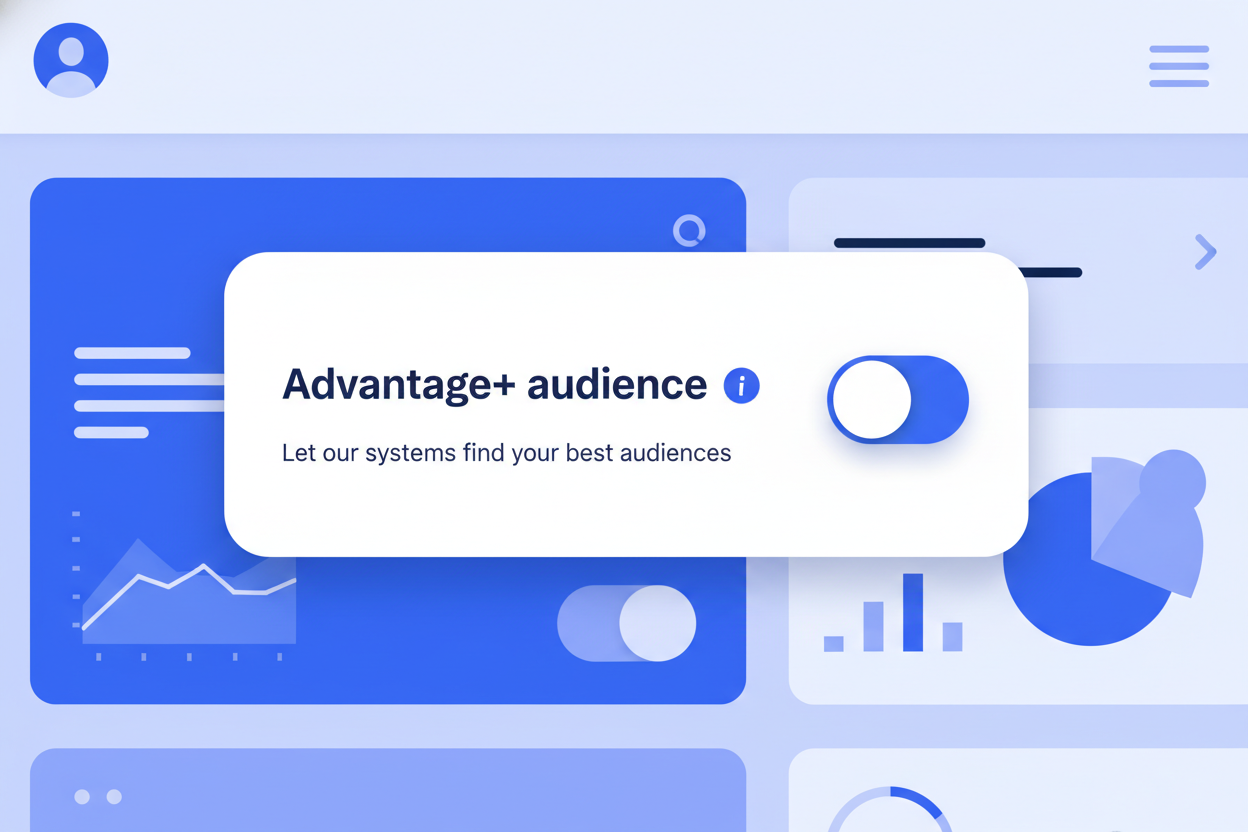 Close-up of a Meta Ads Manager interface highlighting the Advantage+ audience toggle switch, digital illustration, blue and white color palette, professional look.
